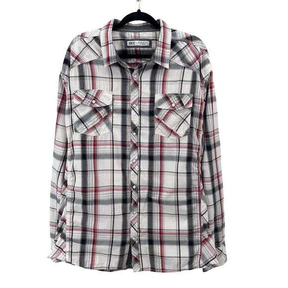 BKE Men's Athletic Fit Red/Gray/Black Plaid Snap Button 2XL Casual Top Buckle - Picture 1 of 5